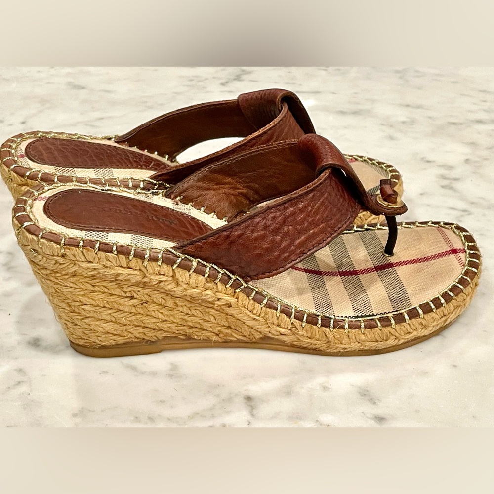 Burberry leather and plaid fabric wedges, burgundy, Burberry check, sz7, EUC - Picture 7 of 16